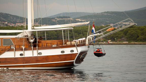 The water entertainment equipment on the Dolce Vita 1 gulet. You can see the jet ski being launched