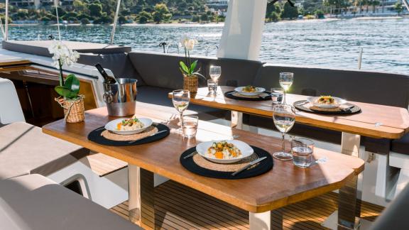 Enjoy delicious meals and views in the outdoor dining area on Euphoria.