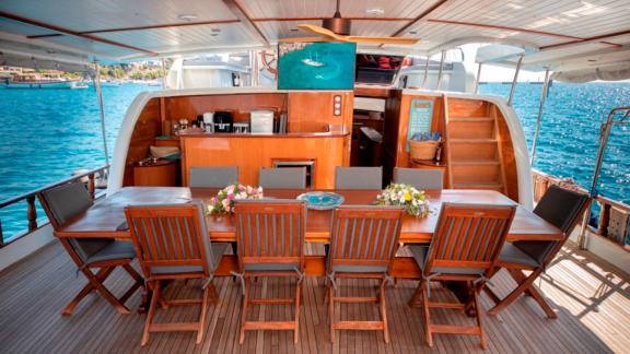 Dining area of the luxurious Gulet Bodrum Queen in Bodrum, Turkey, for convivial meals on board.