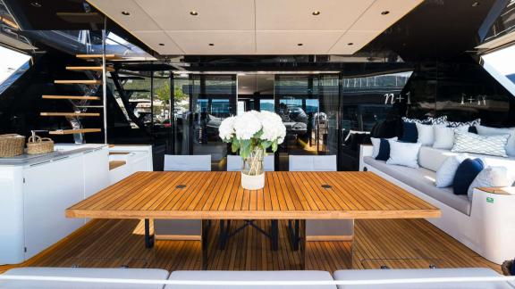 N1 Sunreef 70 features a stylish outdoor dining area with plush seats in Kastela.