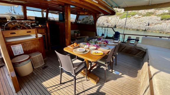 Start your day with a hearty breakfast on the Gulet Daphne S, anchored in Bodrum.