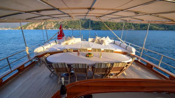 Sailing yacht with a dining table and sunbathing cushions under a canopy.