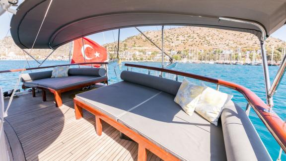 Enjoy the spacious lounge with comfortable seating and stunning views of Marmaris.