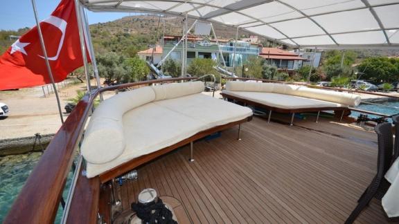 Relaxing lounging area on Gulet Miss Vela in Marmaris. Perfect for sunbathing and unwinding.