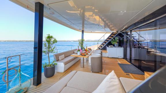The Sunreef 80 Honeybird’s aft deck provides a calm, luxurious charter experience on the waters of Šibenik.