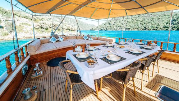 Enjoy exquisite meals in the stylish dining area of Gulet Nefess in Göcek.