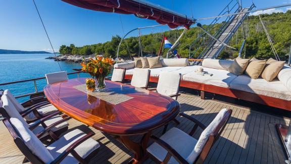 A beautiful deck of the gulet Nostra Vita in Croatia, perfect for relaxing sunbathing and cosy hours under sail.