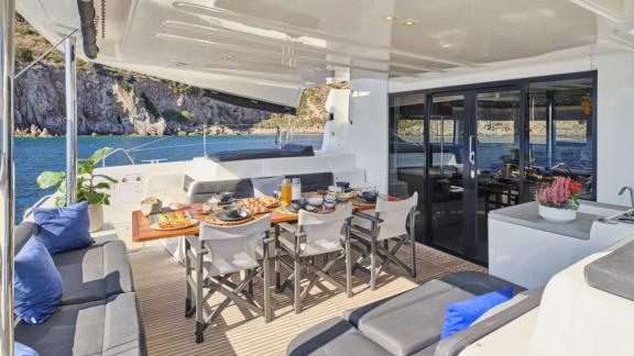 The catamaran Andare Avanti serves breakfast with sea views near Athens.