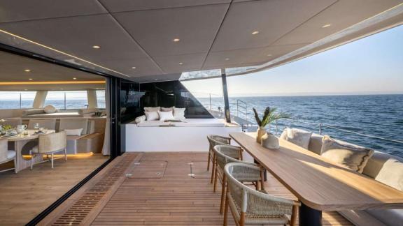 The catamaran Spice of Life offers a sea-view lounge and dining space near Athens.