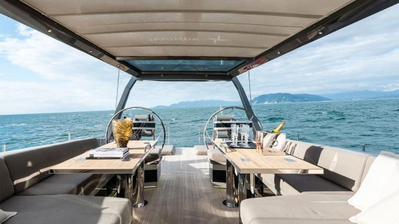 Gigreca’s aft deck features a comfy lounge and dining space.