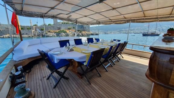 Dining and seating area on the aft deck of Gulet Halil Aga 1