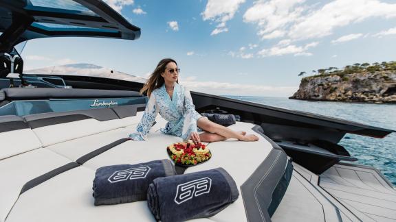 A peaceful lounging area on the comfortable cushions of the foredeck of the Figo motor yacht.