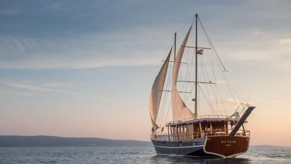 Gulet Altair, yacht in Split, Croatia, sails at sunset, 6 cabins, perfect choice for sailing holidays.