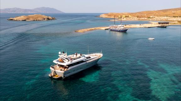 Shiva offers luxury motor yacht charters and private bay explorations for daily cruises in Mykonos.