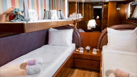 Shiva features a triple guest cabin for weekly yacht charters and family holidays in Mykonos.