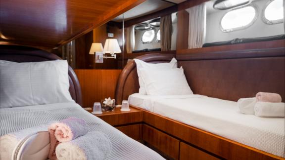 Shiva features a triple guest cabin for weekly yacht charters and comfortable group holidays in Mykonos.