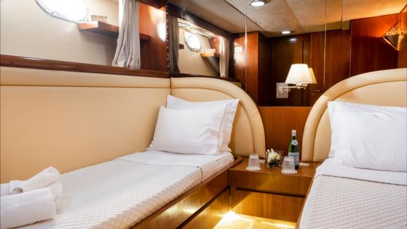Shiva features a twin guest cabin for weekly yacht charters and boutique sea holidays in Mykonos.
