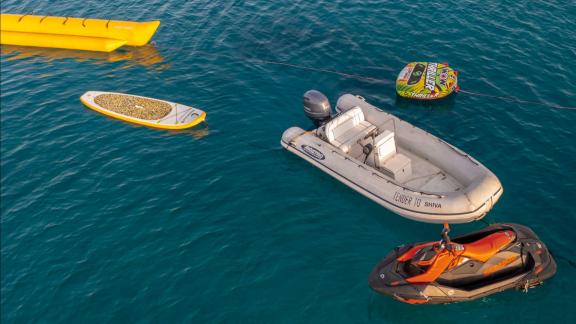Shiva offers jet ski, SUP and water toys for an exciting motor yacht charter in Mykonos.