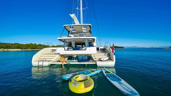 The catamaran Amada Mia offers a variety of water sports opportunities in the clear waters of Croatia