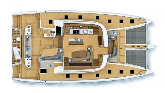 Overview of the spacious deck on Amada Mia with modern amenities for maximum comfort.