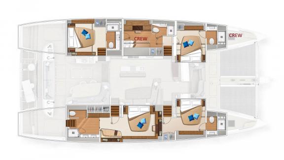 Detailed cabin plan of the Amada Mia, including crew areas and luxurious guest rooms.