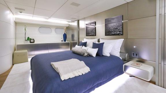 The master cabin on the motor yacht Anavi offers a stylish and comfortable stay.