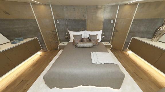 The spacious master cabin on the motor yacht Anavi offers a comfortable retreat with modern design.