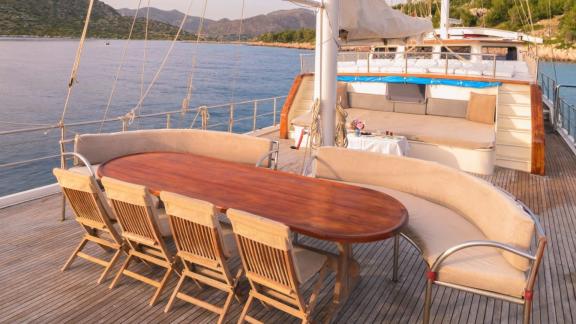 Enjoy relaxing hours on the spacious sun deck of Gulet Anıl Kaptan 1 with breathtaking views.