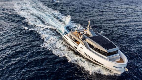 Lady Luck, an Arcadia Sherpa 80XL motor yacht, sails with sleek and bold design.