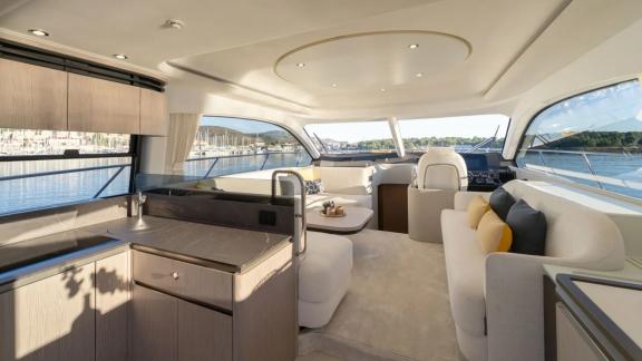 In Sibenik motor yacht charter option Nalu salon and kitchen with modern design offering spacious and comfortable living