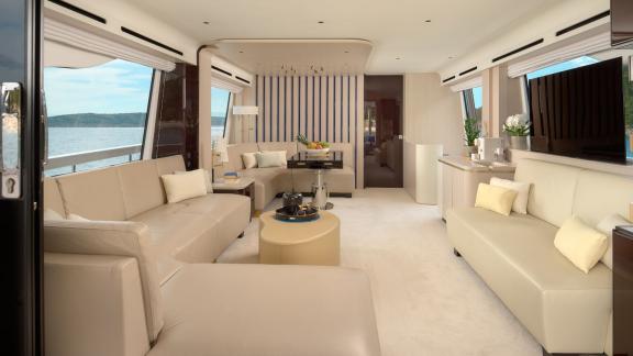 Helle Ledersofas und Panoramablicke sorgen für Eleganz und Komfort an Bord.