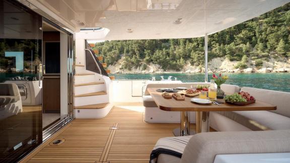 Aft seating area of the Azimut Magellano 66 Ava 2 motor yacht off the coast of Split, Croatia.
