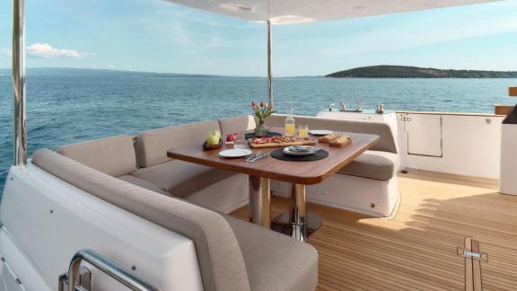 Aft deck of the Azimut Magellano 66 Ava 2 motor yacht off the coast of Split, Croatia.