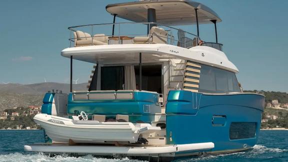 Stern view of the Azimut Magellano 66 Ava 2 motor yacht cruising off the coast of Split, Croatia.