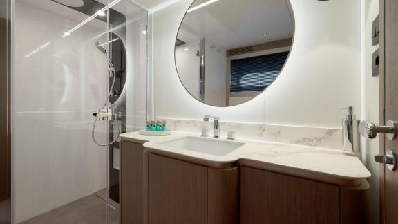 Bathroom of the Azimut Magellano 66 Ava 2 motor yacht off Split, Croatia, featuring a modern interior design.