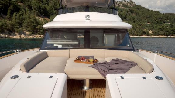 Foredeck of the Azimut Magellano 66 Ava 2 motor yacht off the coast of Split, Croatia.