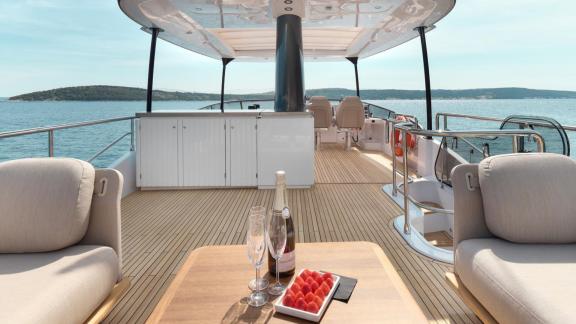Spacious flybridge area of the Azimut Magellano 66 Ava 2 motor yacht off the coast of Split, Croatia.