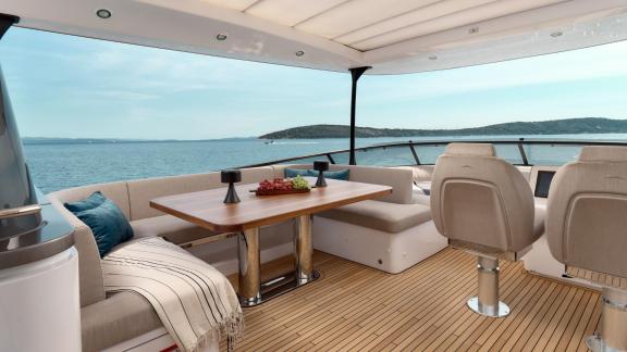 Flybridge seating area of the Azimut Magellano 66 Ava 2 motor yacht off the coast of Split, Croatia.