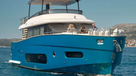 Bow view of the Azimut Magellano 66 Ava 2 motor yacht off the coast of Split, Croatia.