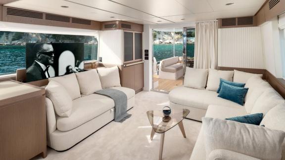 Saloon of the Azimut Magellano 66 Ava 2 motor yacht off Split, Croatia, adding comfort to private yacht holidays.