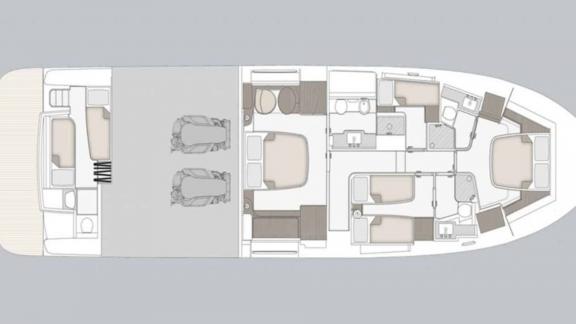 Layout plan showing the cabins and living areas of the Azimut Magellano 66 Ava 2 motor yacht in Split, Croatia.