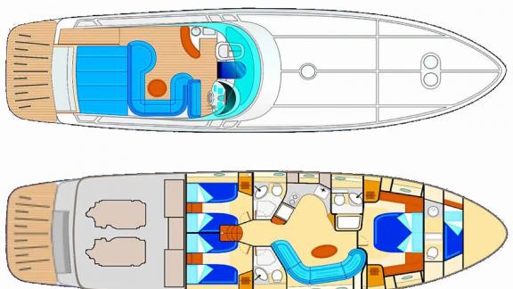 Der Orion Grundriss zeigt Deck und Kabinen für eine einfache Motoryacht Charter Planung.