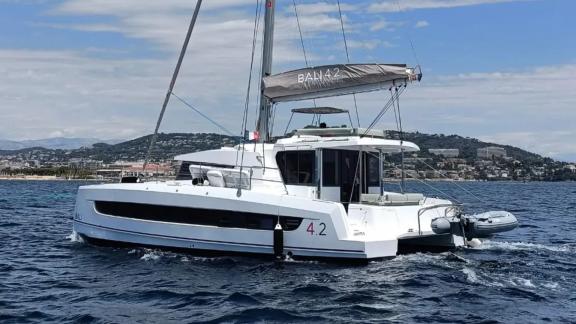 Christeol catamaran, the Bali 4.2 model, sails gracefully off the coast of Cannes.