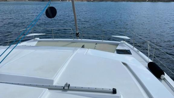The spacious foredeck of Bali 4.2 Christeol catamaran, perfect for sunbathing and enjoying the view.