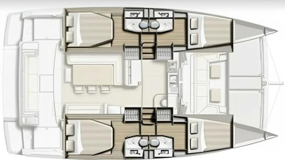 The layout of the Christeol catamaran features 4 spacious double cabins, 4 en-suite bathrooms, and an airy saloon area.