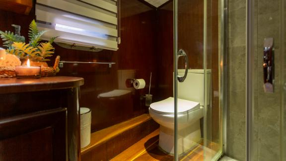 A modern bathroom with shower, toilet, and stylish wood accents on a gulet.