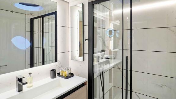 Stylish bathroom with spacious shower.