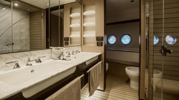 Modern bathroom on the motor yacht Volante with high-quality fittings and elegant design.