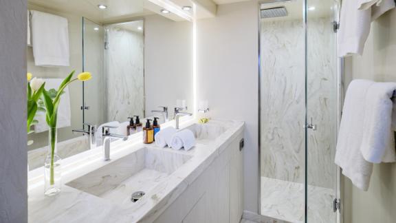 Elegant guest bathroom of the 30-meter Motor Yacht Martina, equipped with modern amenities in Greece.