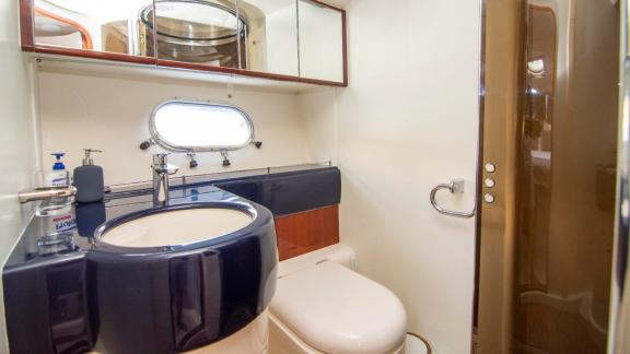 Bathroom of motor yacht NateWhite with modern design and amenities.
